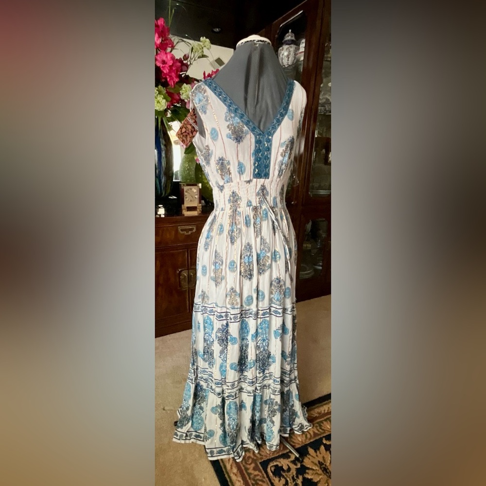 Women's Beige and Turquoise Printed Summer Midi Dress